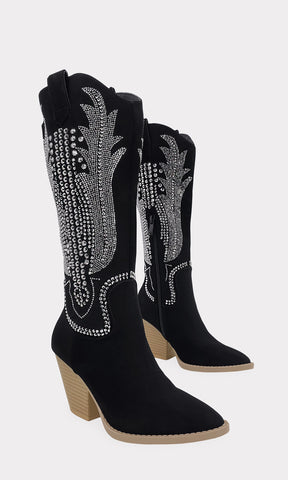 VIANNEY BOTAS DEBAJO DE LA RODILLA COLOR NEGRO CON TERMINACION PUNTIAGUDA Y BRILLOS A LOS COSTADOS PARA MUJER DE TACON GRUESO DE 8 CM