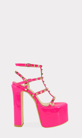 VICTORIA HEELS DE CHAROL COLOR ROSA NEON CON DOBLE PULSERA TOBILLERA Y PLATAFORMA DE 6.5 CM