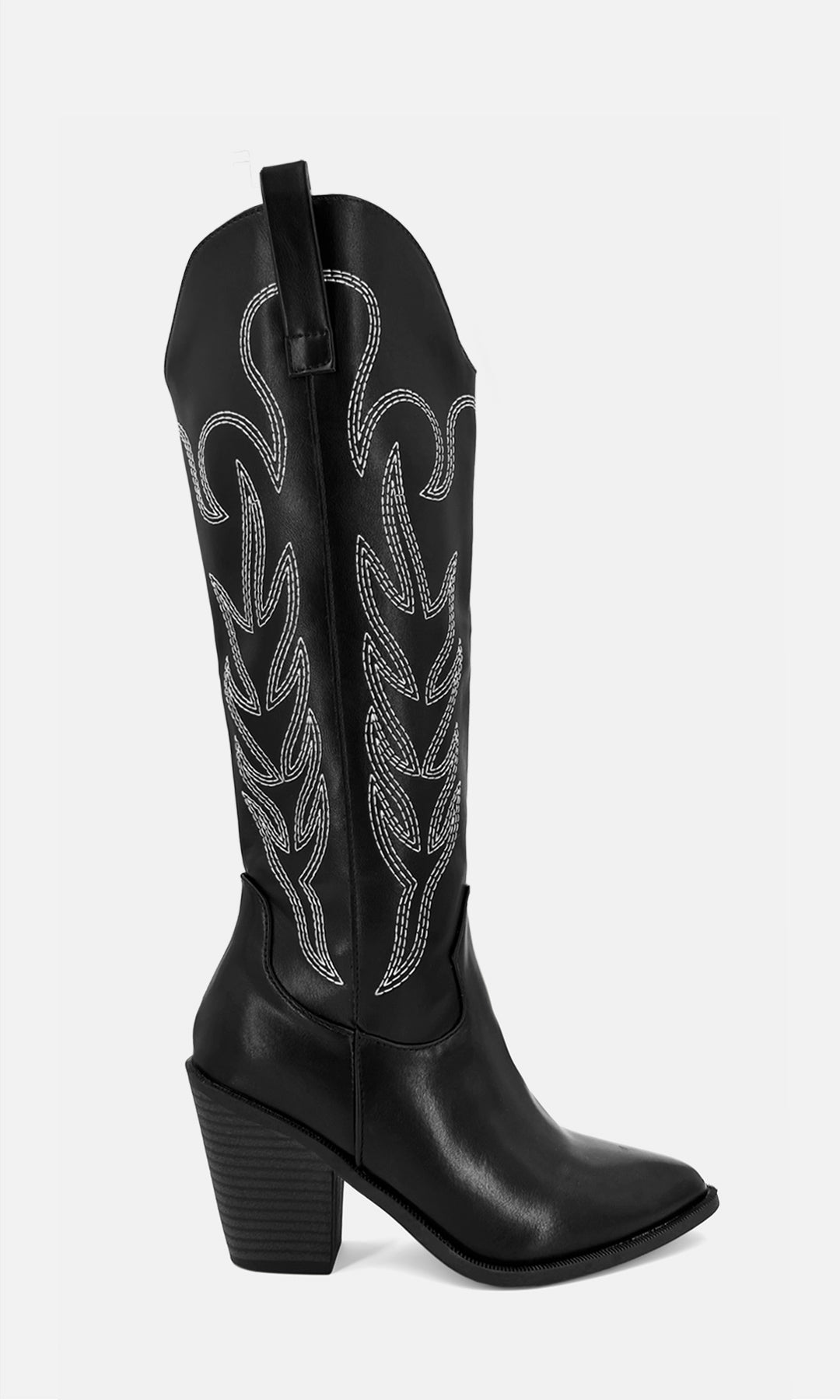 Bota vaquera PONY NEGRO de vinipiel con bordados blancos, caña alta y tacón de 8.5 cm, vista lateral