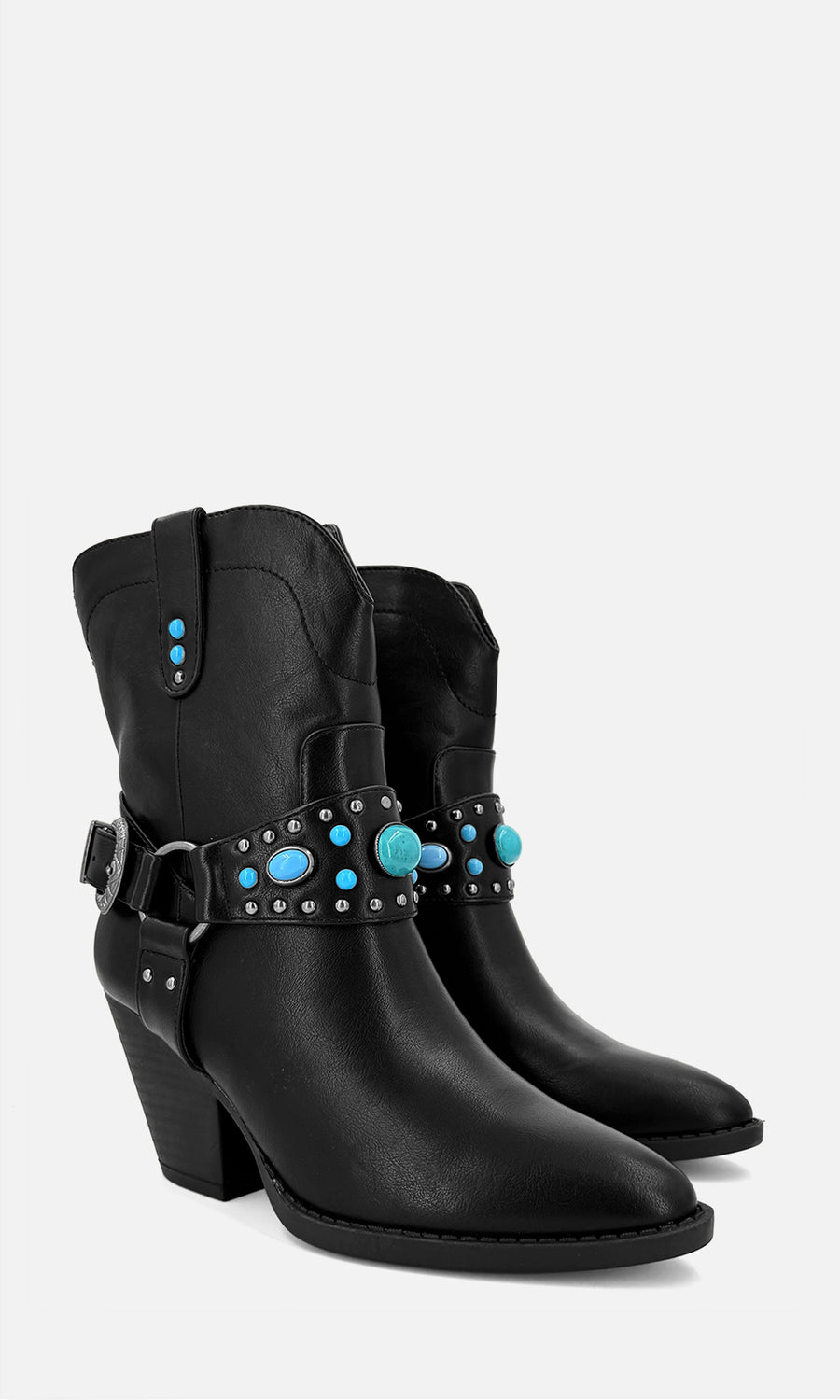 Botas Napa negras estilo vaquero con punta afilada, tacón de bloque y correas adornadas con piedras color turquesa