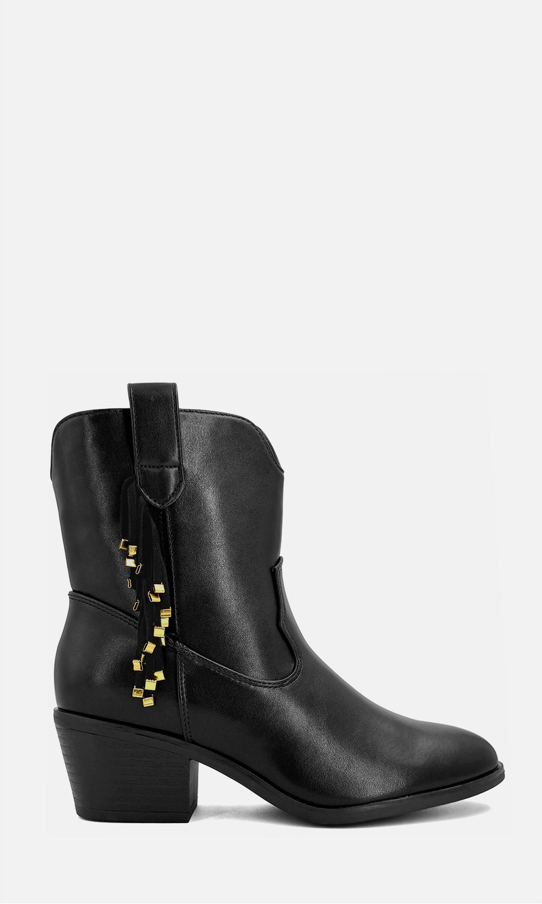Vista lateral de botín vaquero negro AGATHA en vinipiel con tacón bajo de 5.5 cm, tirador superior y flecos con aplicaciones metálicas doradas para un estilo western contemporáneo