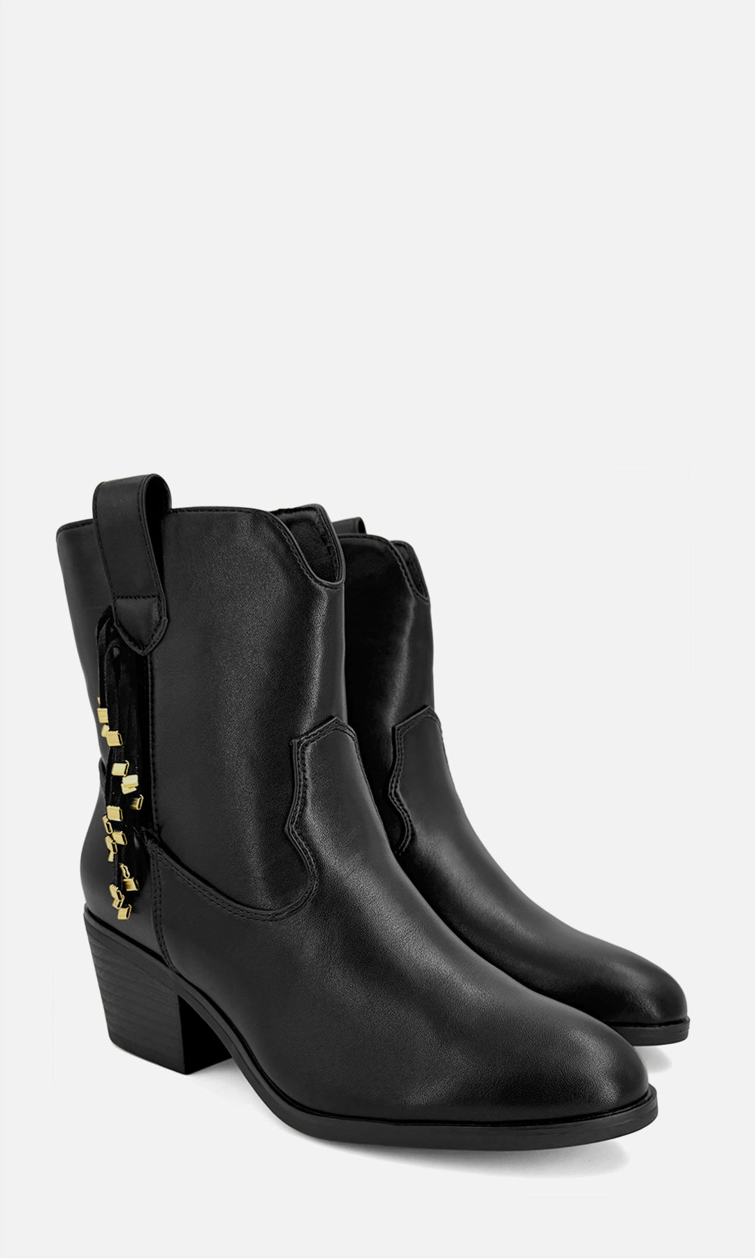 Botines vaqueros AGATHA negros para mujer en vinipiel con flecos decorativos y herrajes dorados, tacón ancho de 5.5 cm y diseño western moderno para looks casuales y urbanos