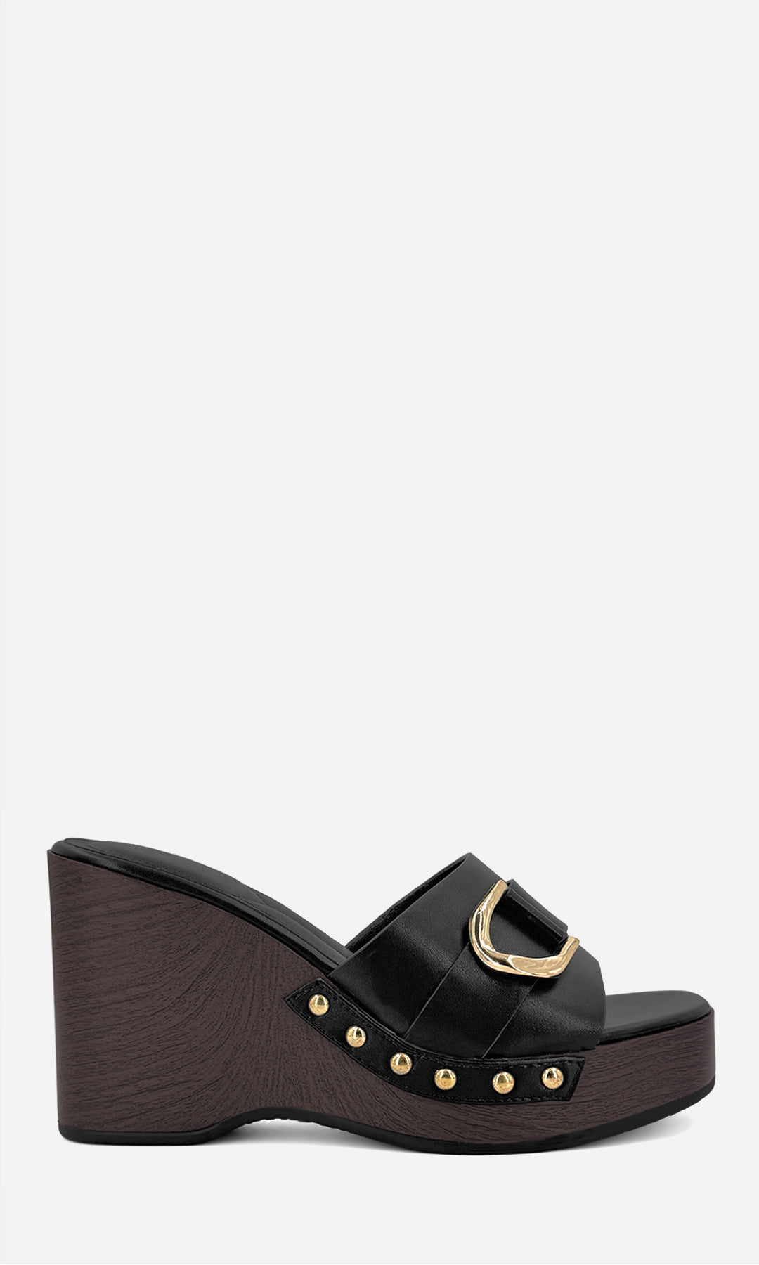 Plataforma KARINA NEGRO de vinipiel con cuña efecto madera, plataforma de 3 cm y tacón de 10 cm, vista lateral