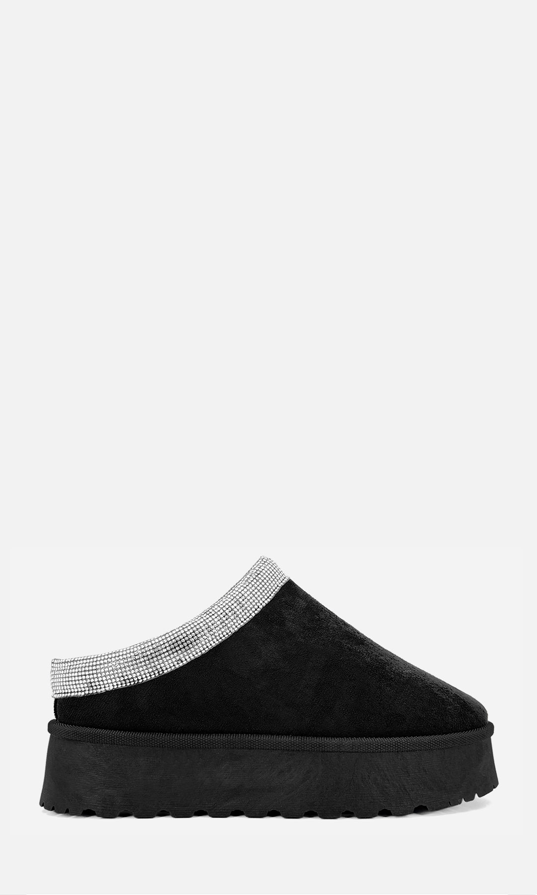 Zueco de invierno LUNNA NEGRO de gamuza en perfil, con interior tipo peluche, borde de brillos y suela chunky de 4.5 cm
