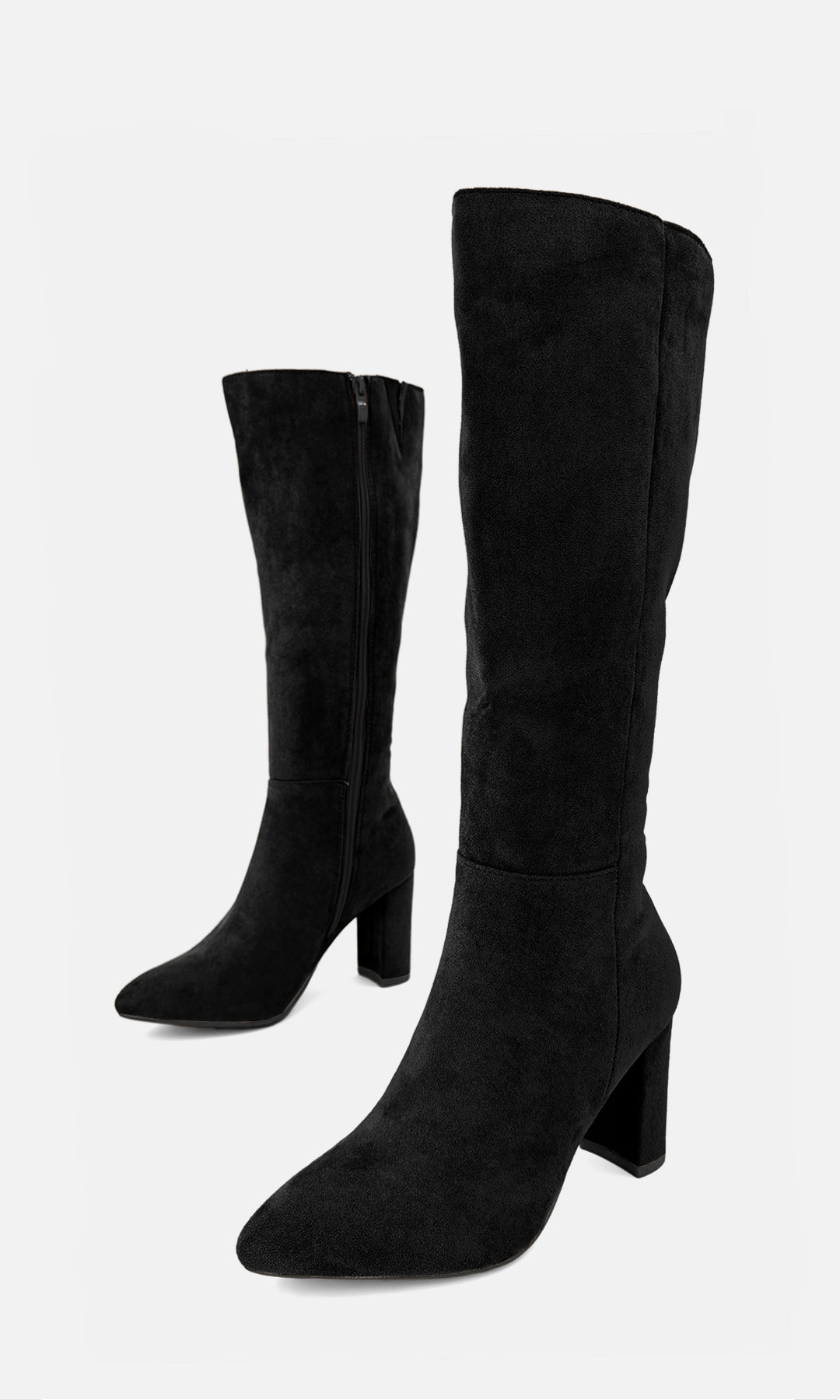 Par de botas altas MANHATTAN NEGRO de gamuza en vista 3/4, con punta afinada y tacón ancho de 8.5 cm