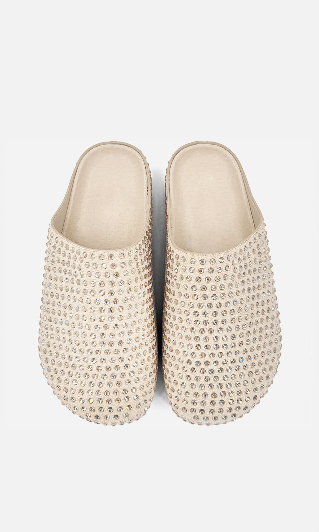 Vista superior de mule TIRAMISU NUDE para mujer en gamuza con pedrería brillante aplicada en toda la superficie