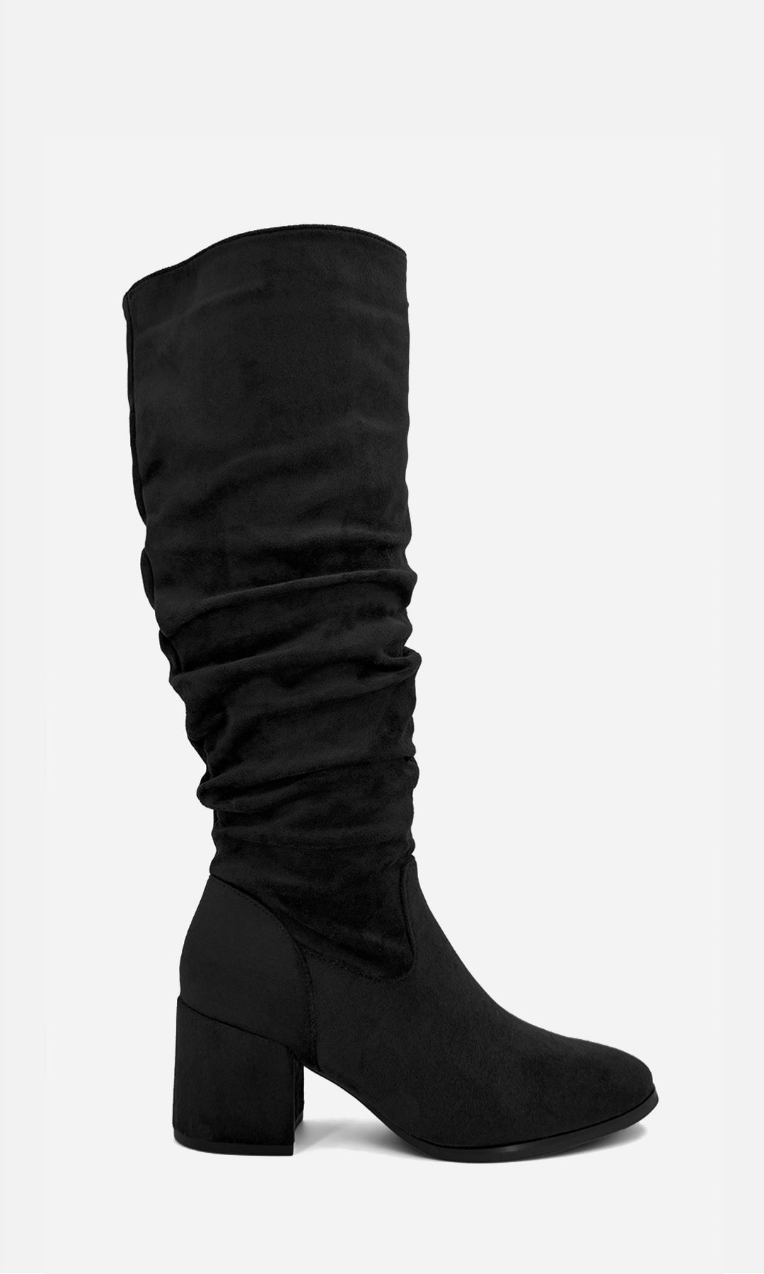  Bota larga NURI NEGRO de gamuza con punta fina y tacón bajo de 6.5 cm para looks de temporada