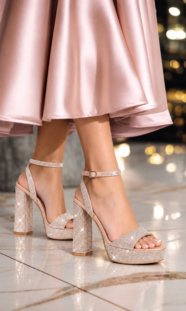 Plataformas Barbara nude con tacón de bloque y cristales brillantes, estilizadas con vestido satinado rosa para un look de fiesta