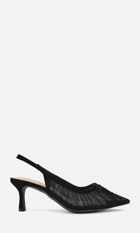 Zapatilla slingback PREMIERE NEGRO de nubock y mesh en perfil lateral, con punta afinada, moño frontal, transparencias y tacón fino de 6.5 cm