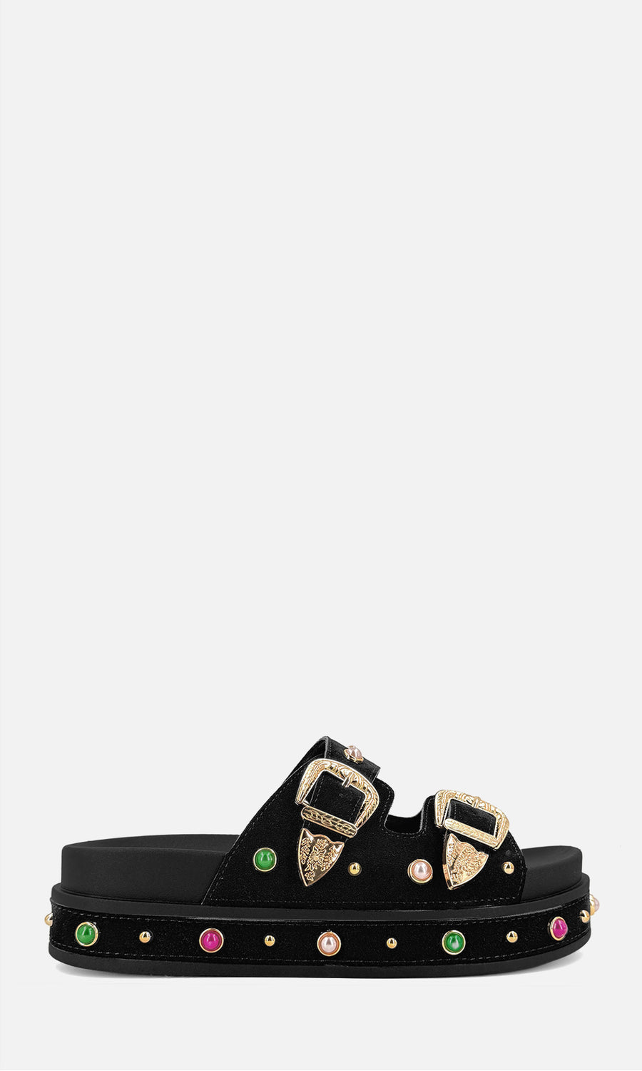 Sandalias Geneva negras para mujer con plataforma, doble hebilla dorada y aplicaciones de pedrería multicolor