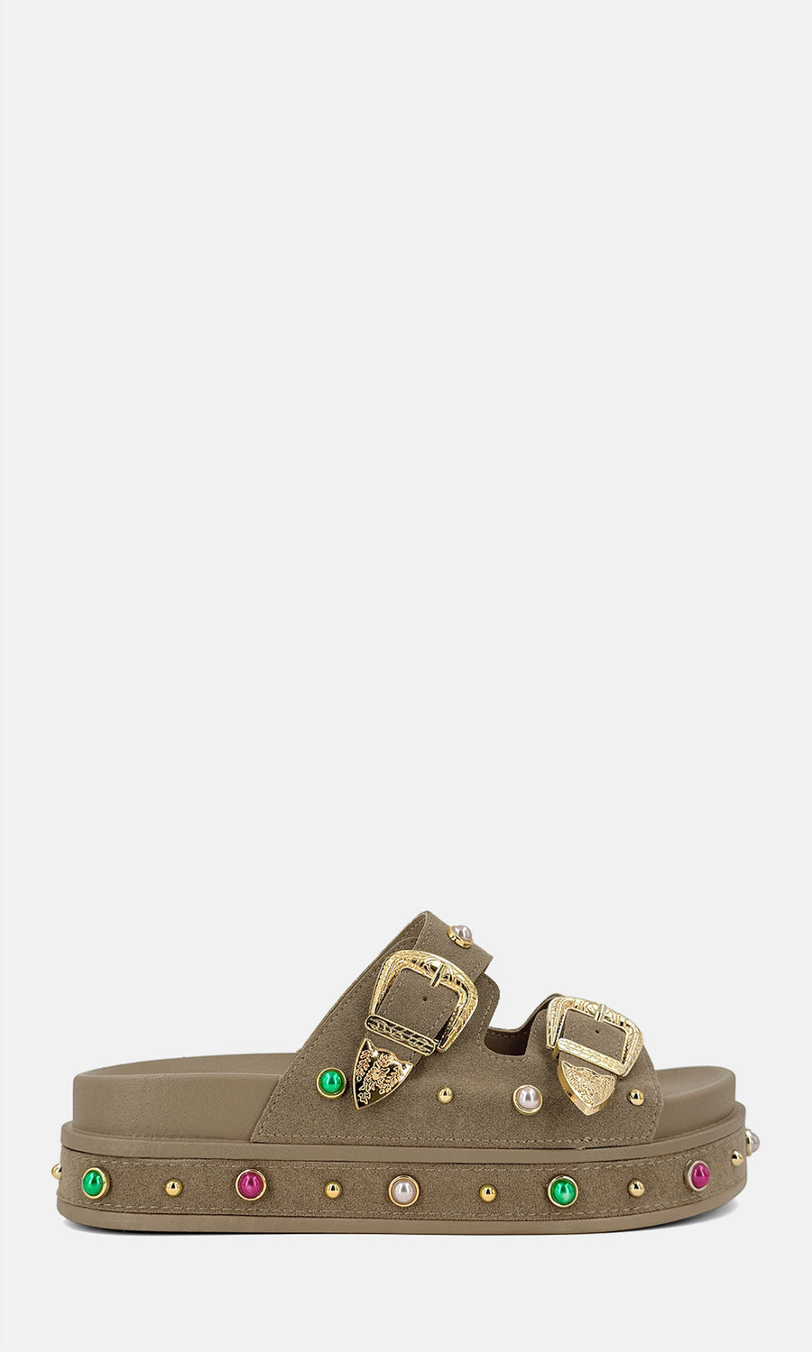 Sandalias GENEVA TAUPE de suela alta con doble broche decorativo y estoperoles multicolor en look casual de verano