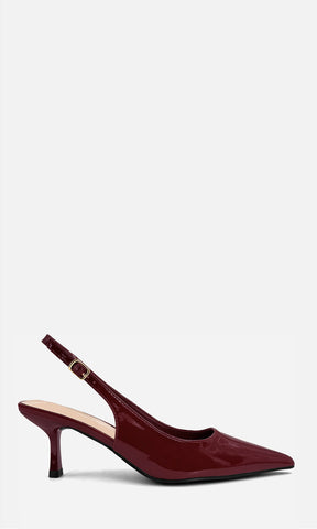 Zapatilla slingback JASMIN color rojo vino de charol para mujer con punta fina, hebilla ajustable y tacón medio de 6.5 cm