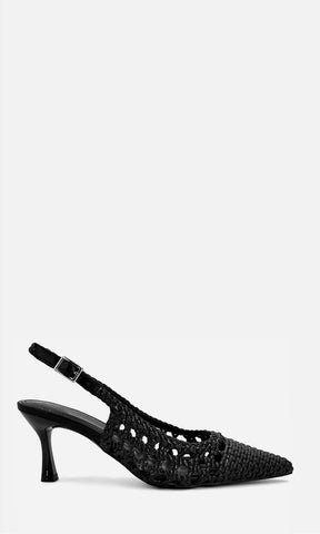 Zapatilla slingback AURORA negra para mujer con tejido sintético trenzado, punta fina, diseño destalonado con hebilla ajustable y tacón de 7 cm