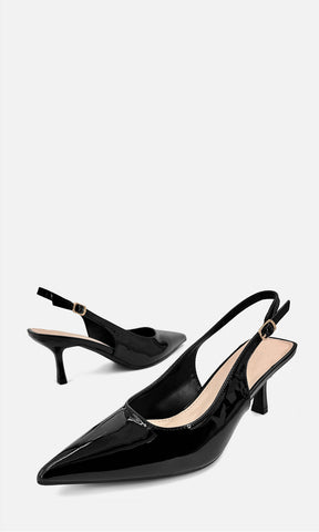 Zapatillas JASMIN negras de charol con diseño slingback, punta puntiaguda, hebilla ajustable y tacón de 6.5 cm para looks elegantes y de noche