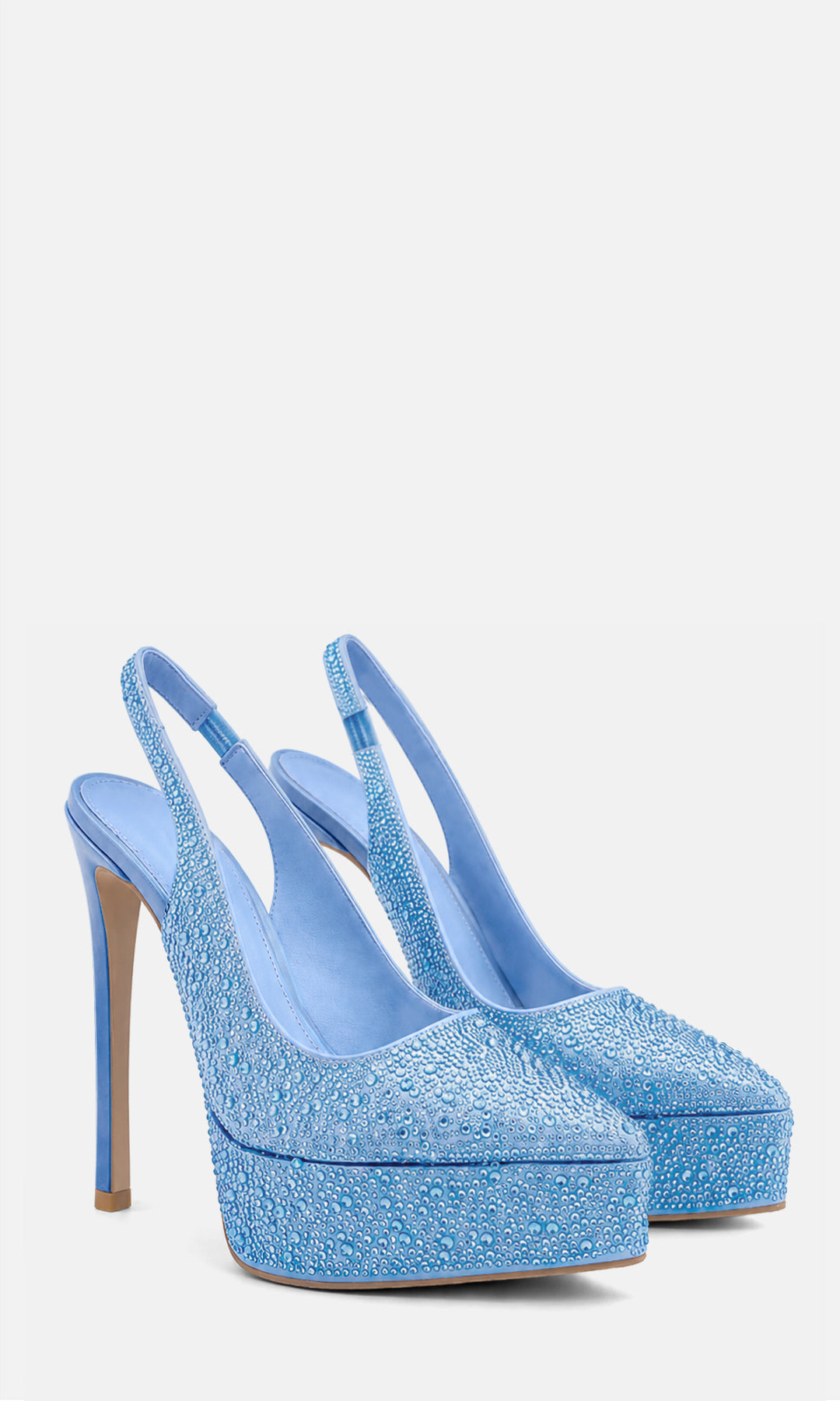 Zapatillas ZARA AZUL de satín con brillos, plataforma de 3.5 cm, tacón alto de 14 cm y diseño slingback, mostradas en vista tres cuartos