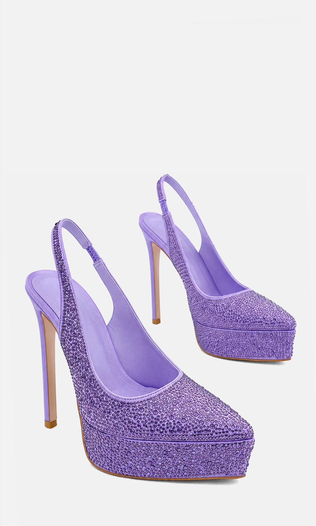 Zapatillas ZARA MORADO de satín con brillos, plataforma de 3.5 cm, tacón alto de 14 cm y diseño slingback, mostradas en vista tres cuartos 
