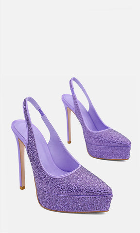 Zapatillas ZARA MORADO de satín con brillos, plataforma de 3.5 cm, tacón alto de 14 cm y diseño slingback, mostradas en vista tres cuartos 