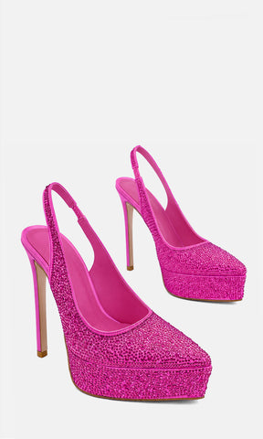Zapatillas ZARA ROSA de satín con brillos, plataforma de 3.5 cm, tacón alto de 14 cm y diseño slingback, mostradas en vista tres cuartos 