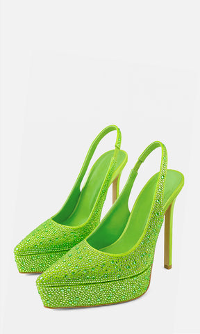 Zapatillas ZARA VERDE de satín con brillos, plataforma de 3.5 cm, tacón alto de 14 cm y diseño slingback, mostradas en vista tres cuartos