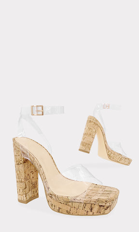 ARDENT TACONES DE CORCHO CON PLATAFORMA PEQUEÑA DE 2 CM Y ANKLE STRAP DE CLEAR PVC