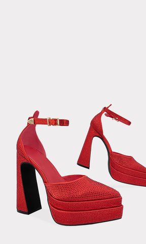 BIMBA HEELS DE PLATAFORMA POINTY CUBIERTAS DE BRILLOS CON DETALLES METALICOS EN ANKLE STRAP