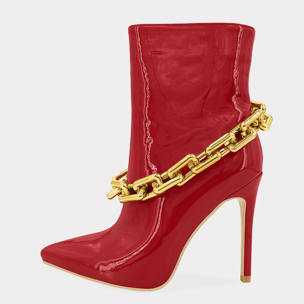 DESIGNER BOTINES FASHION CON TACON DE AGUJA Y CADENA CRUZADA EN EMPEINE 