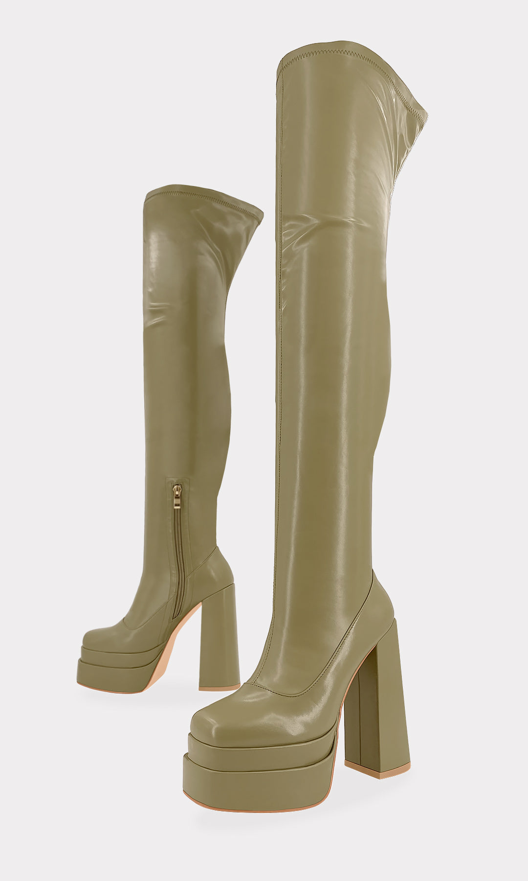 EXCESS BOTAS LARGAS DE MODA COLOR VERDE OLIVO Y DOBLE PLATAFORMA TIPO VERSACE 