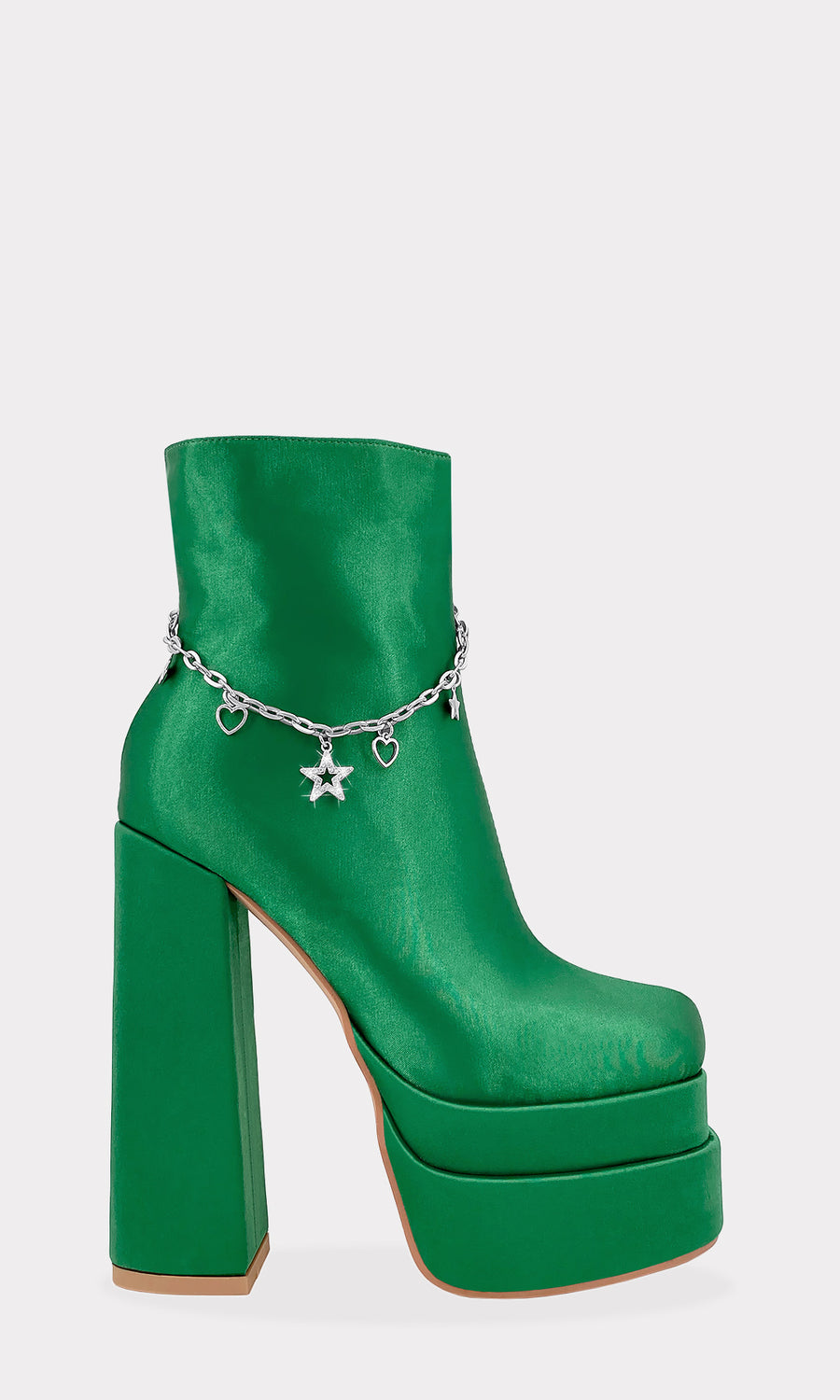 FAME PLATFORM BOOTS DE SATIN VERDE CON TACON ACAMPANADO PARA COMBINAR CON PRENDAS ESCOTADAS EN LOOKS CLASICOS