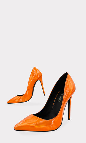 FLARE-ZAPATOS-CHAROL-HOLOGRAFICO-COLOR-NARANJA-PUNTA-POINTY-TACON-FINO 