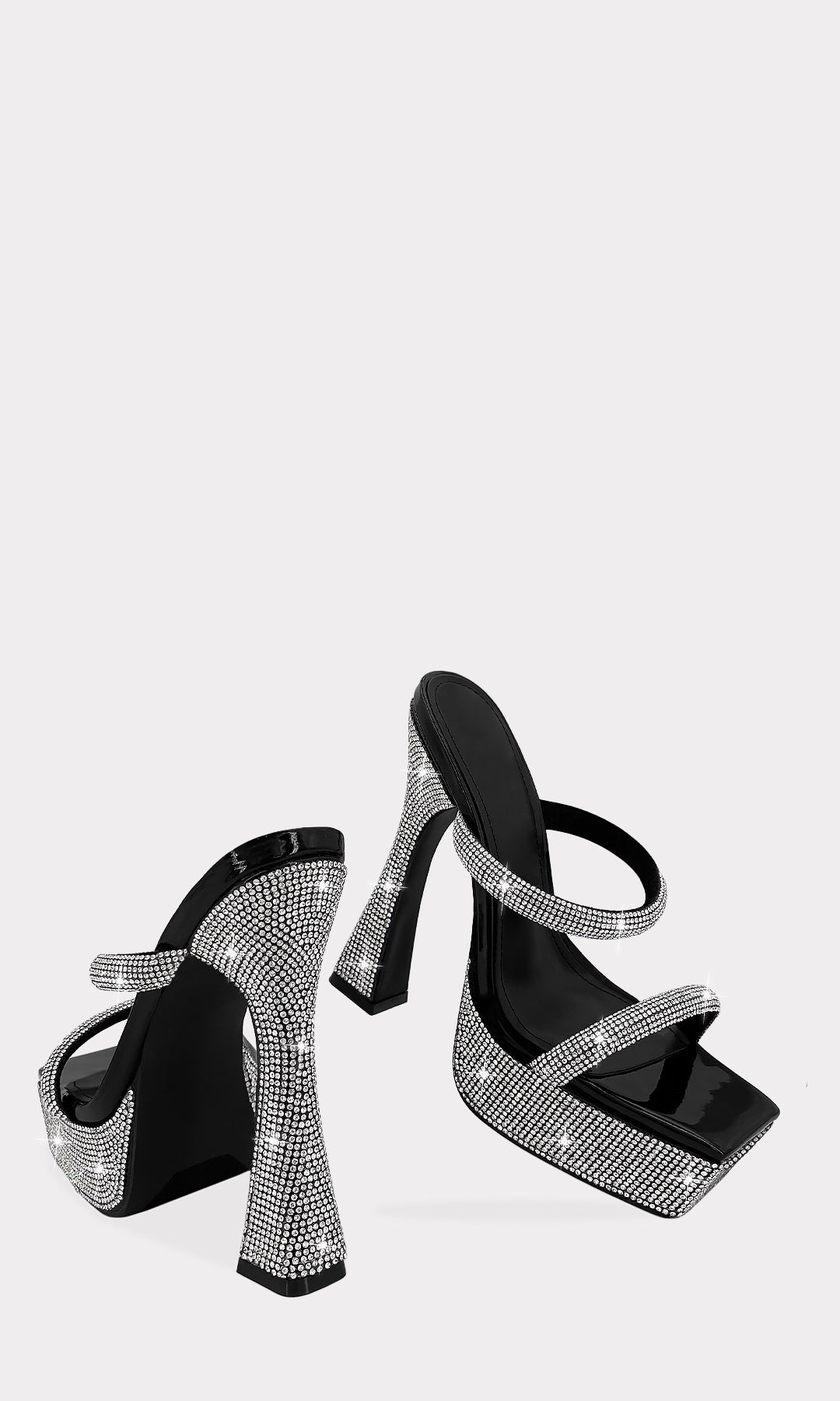 JOICE HEELS DE PLATAFORMA CUADRADA Y DOS STRAPS RIGIDOS CUBIERTOS DE BRILLOS IRIDISCENTES