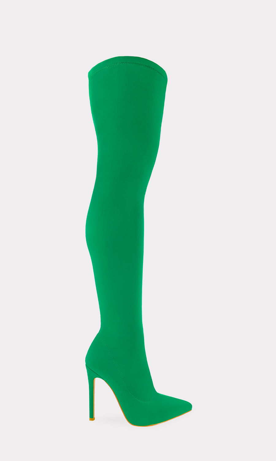 KINKY FASHION BOOTS AL MUSLO DE LICRA VERDE Y TACON DE AGUJA PARA USAR CON MINI FALDAS DE MEZCLILLA EN LOOKS DE DIA