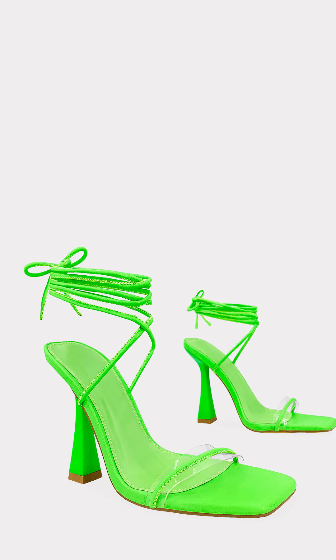 LANETTE ZAPATILLAS DE VINIPIEL VERDE NEON CON TACON DE 11 CM Y STRAP DE CLEAR PVC EN PUNTA CUADRADA