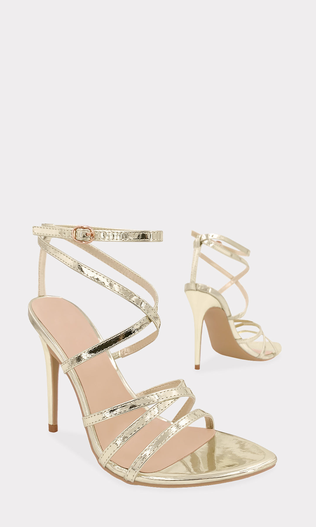 LEVIN TACONES POINTY DE CHAROL METALICO DORADO CON HEBILLA EN STRAP TOBILLERO PARA USAR CON PRENDAS DE FIESTA