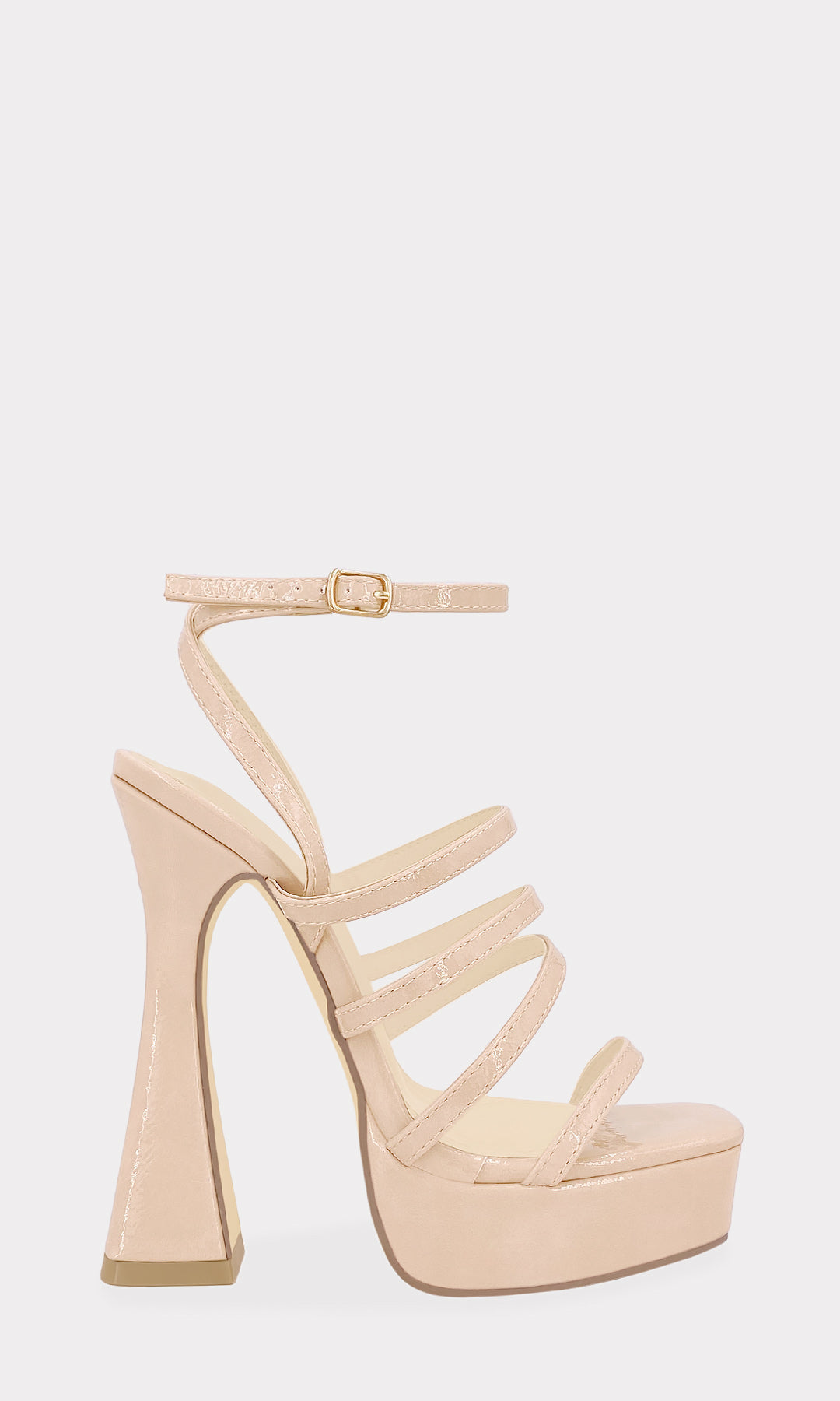 MAYBEL HEELS DE CHAROL NUDE CON TACON ACAMPANADO DE 13 CM Y MULTIPLES STRAPS AL FRENTE