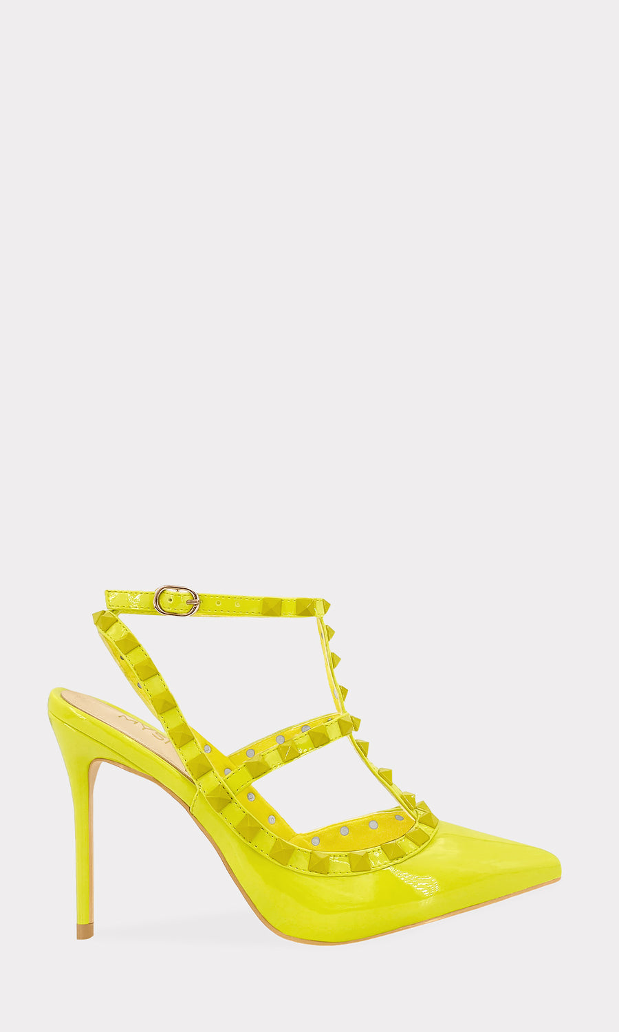 MELANIA TACONES DE CHAROL AMARILLO CON PUNTA CERRADA Y VARIOS STRAPS AL FRENTE PARA LUCIR CON SKINNY JEANS