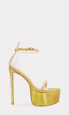 PRIX HEELS DE CHAROL HOLOGRAMA COLOR DORADO CON TRANSPARENCIAS EN TALONERA Y EN PUNTA