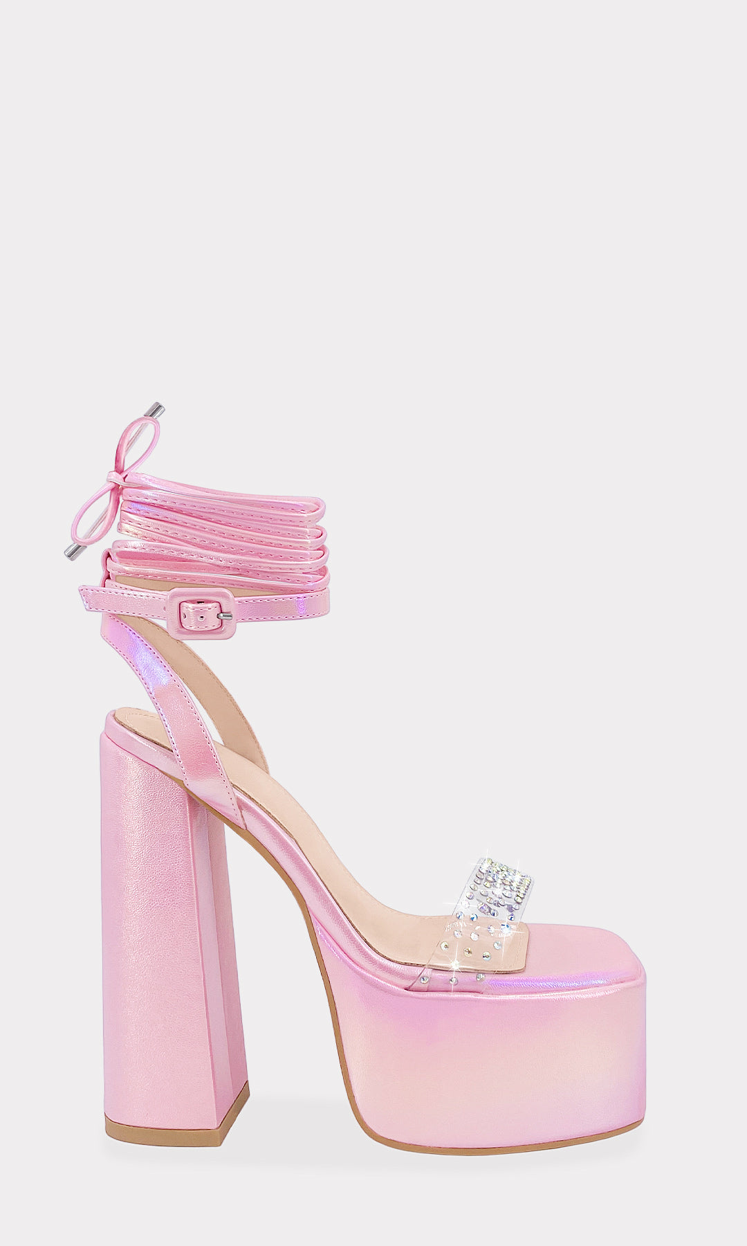 SASSY HEELS DE VINIPIEL HOLOGRAMA COLOR ROSA CON PLATAFORMA DE 5 CM Y CINTAS AJUSTABLES A LA PIERNA 