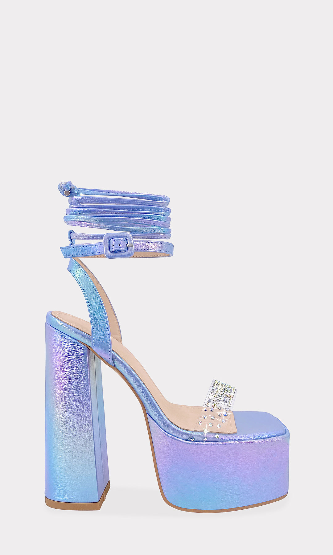 SASSY ZAPATILLAS DE VINIPIEL HOLOGRAMA COLOR AZUL Y STRAP DE CLEAR PVC EN PUNTA CON BRILLOS