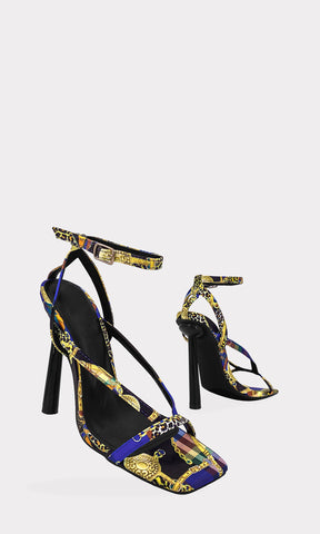 SINFULL HEELS DE SATIN CON ESTAMPADO MULTI COLOR AZUL Y TACON DELGADO DE 11 CM  