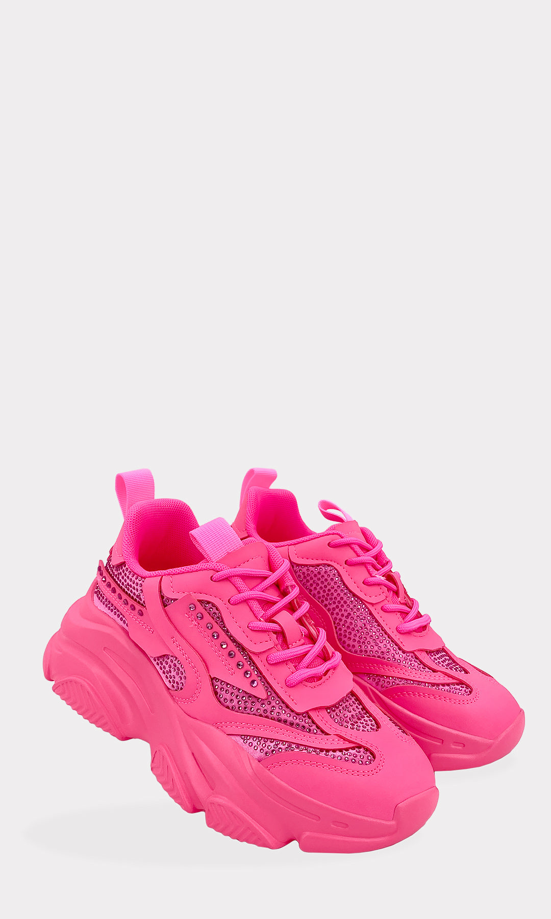 STOPPER SNEAKERS DE BRILLOS HECHOS DE VINIPIEL ROSA NEON CON DETALLES DE SATIN Y PLATAFORMA DE 4.5 CM