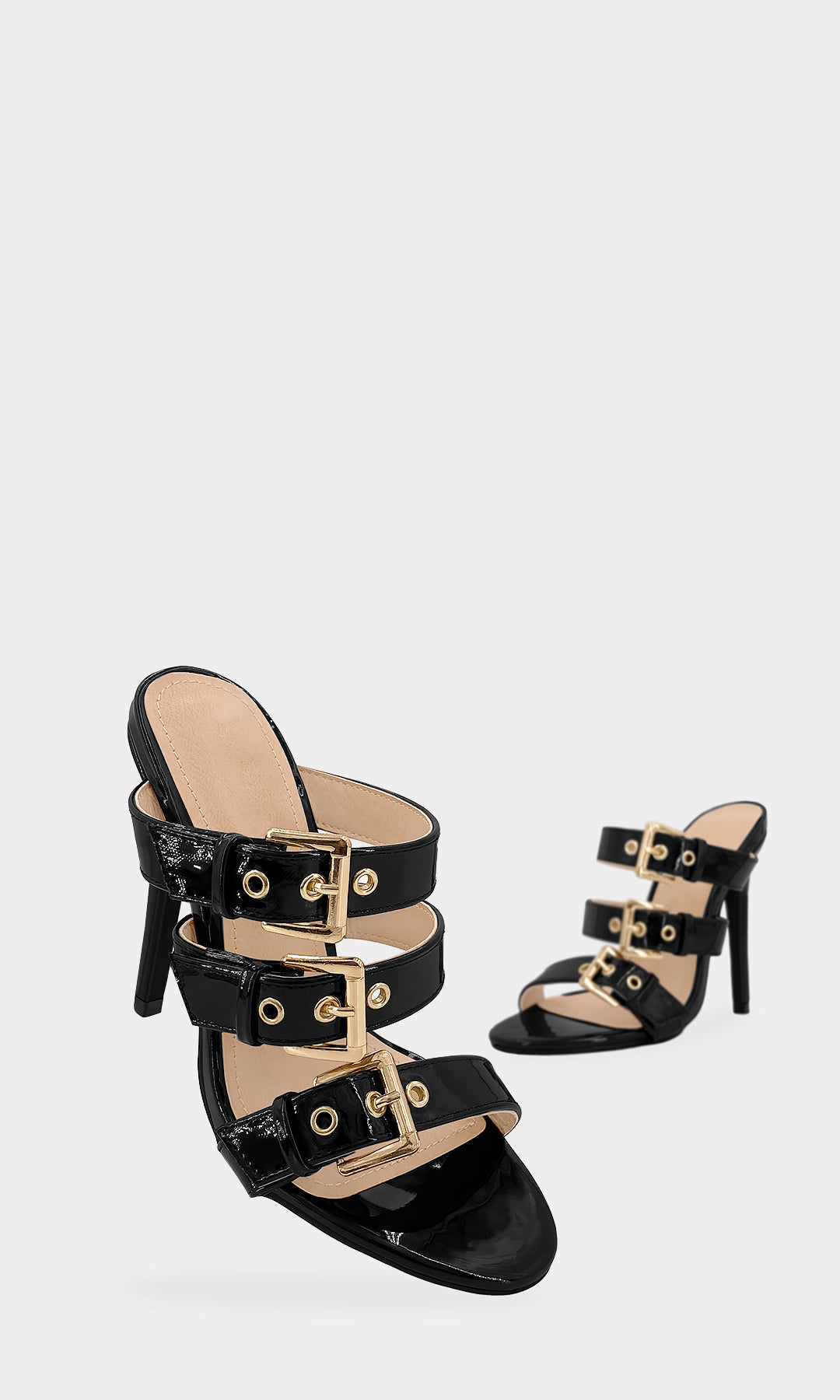 TEMPTATION TACONES DE CHAROL NEGRO Y 3 HEBILLAS DORADAS EN STRAPS DE EMPEINE 