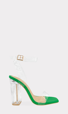 TULUM SANDALIAS CON SUELA VERDE TACON ANCHO DE ACRILICO Y CORREA TOBILLERA DE MICA CLEAR PVC